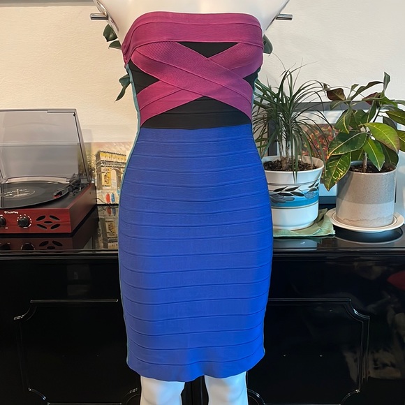 Vintage Herve Leger Bandage Strapless Dress Mini blue maroon black sz S - Picture 1 of 4
